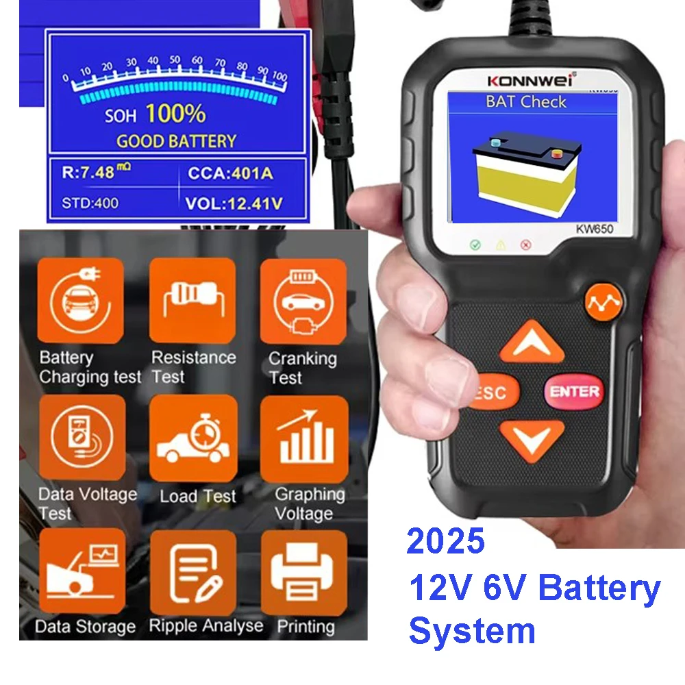 

Full Car Battery Tester for Car Motorcycle 12V 6V Battery System Analyzer 2000CCA Charging Cranking Tester KW650 Battery tool