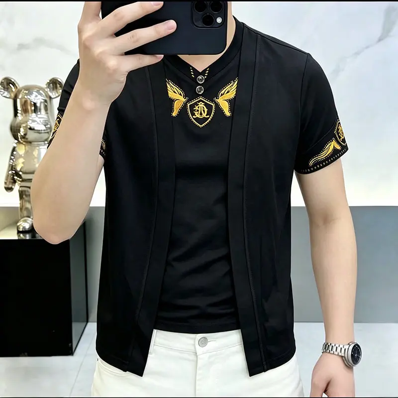 Rhinestone Embroidery T Shirt For Men Short Sleeve Fake Two-Piece Summer New Quality Soft Comfortable Trendy Camisetas De Hombre