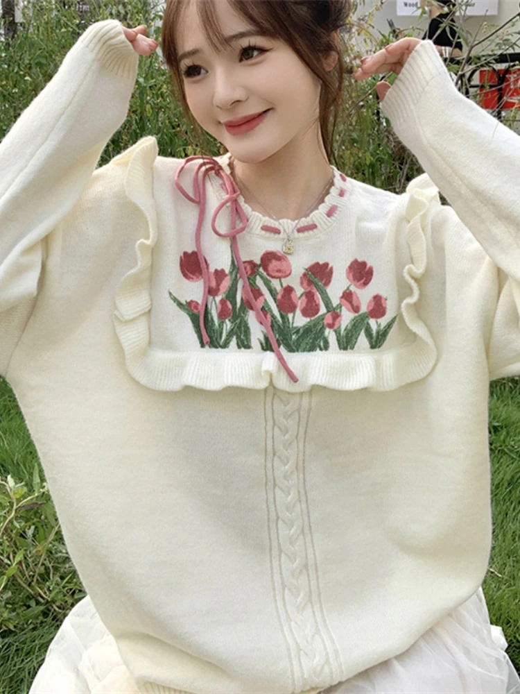 Korobov Japan Style Edge of Fungus Knitting Pullover Sweet Age Reduction O-neck Drawstring Sweater Loose Embroidery Flowers Coat