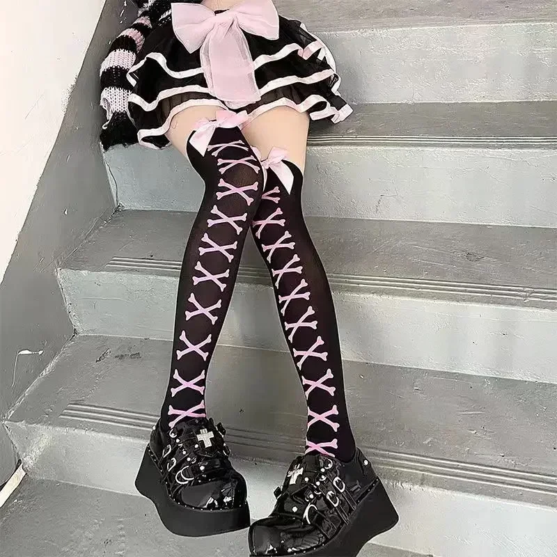 Sous-culture classique Lolita noir Goth mignon bas Halloween filles gothique Punk rétro toile d'araignée crâne chauve-souris cuisse haute chaussettes longues