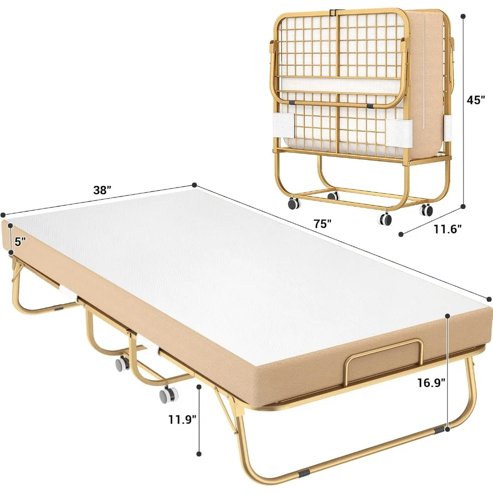 Opklapbed met matras, 75” x 38” twin-size opklapbed met opberghoes, extra gastenbedden, eenvoudige opbergruimte, luxe goud