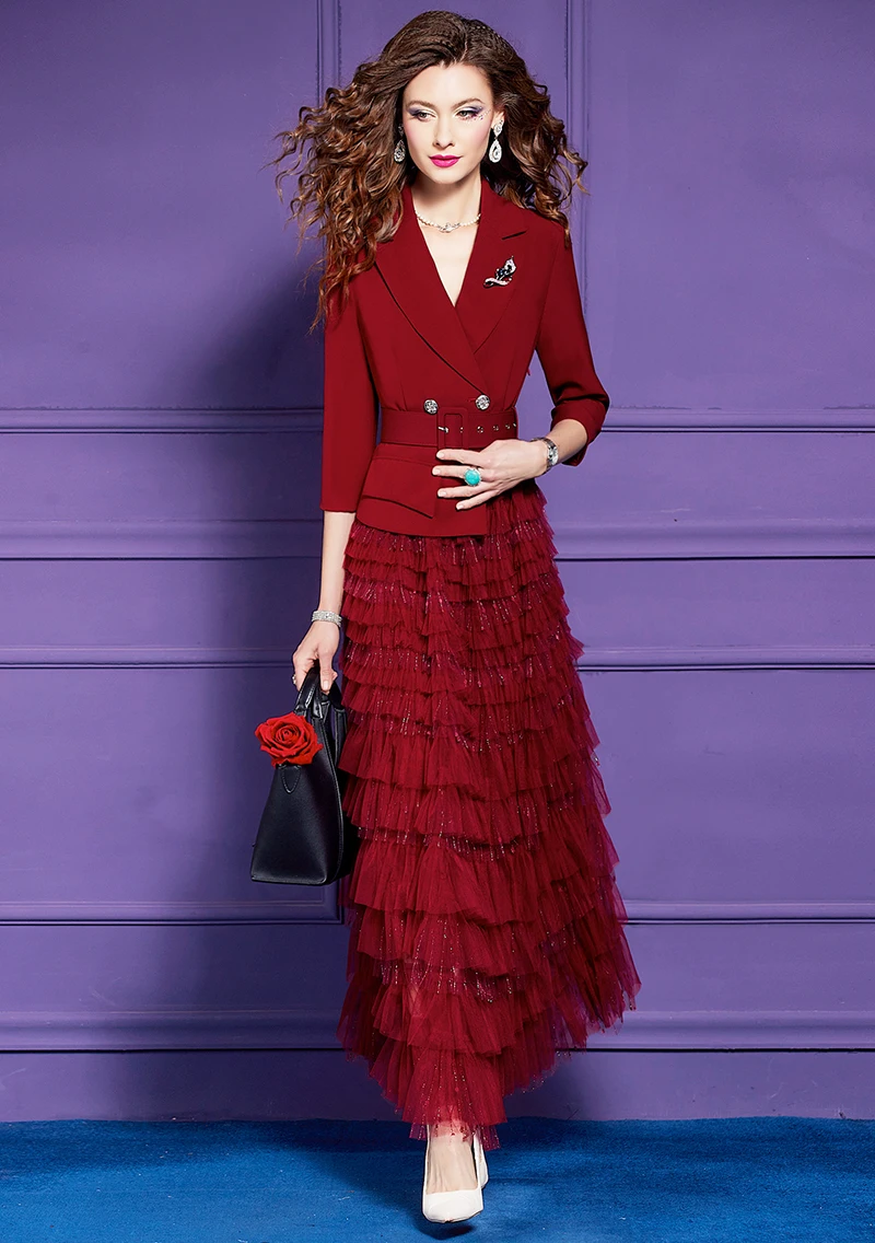 Zjyt babados em camadas de malha retalhos longos maxi vestidos para mulheres elegante manga três quartos vermelho formal vestido de festa