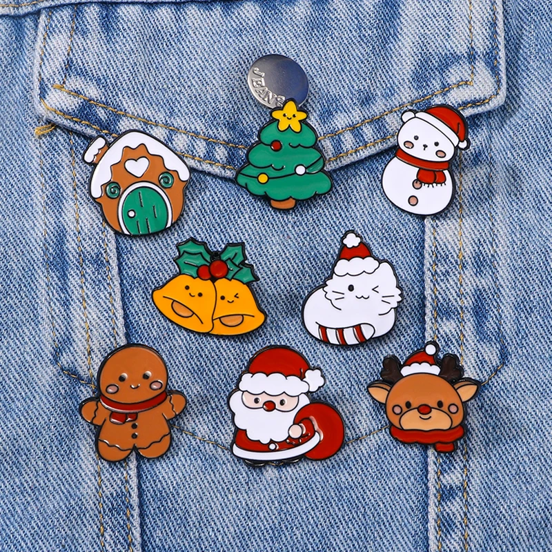 Cute Cartoon Christmas Theme Pins Jingle Bells Santa Claus Tree Snowman Reindeer Shaped Enamel Brooches Xmas Gift Wholesale