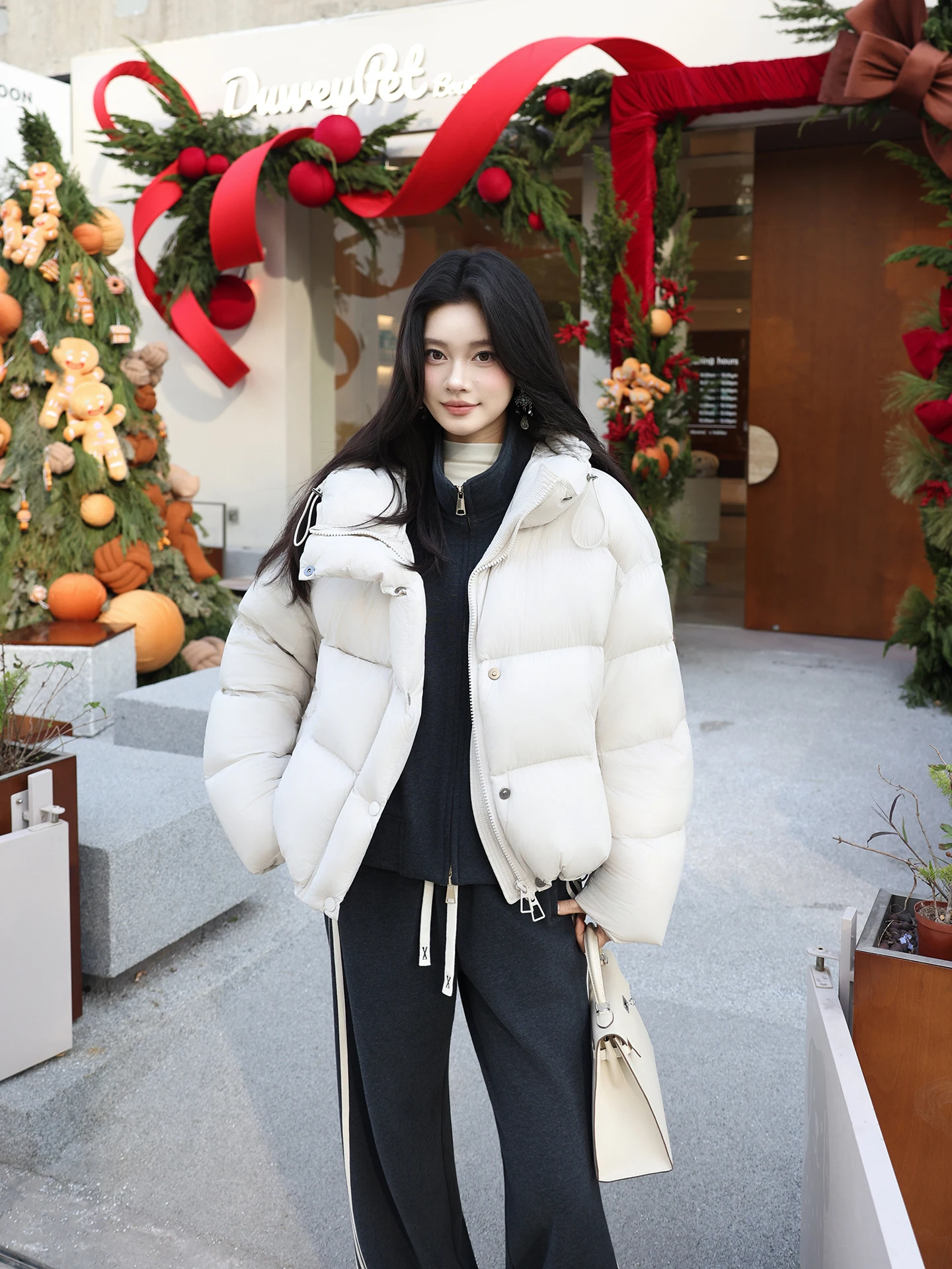 

Faux Fur ort down Jaet Soft White Goose down Hooded Bouquet Design Warm Ci Casual Sle Zipper Closure Long Sve Coat