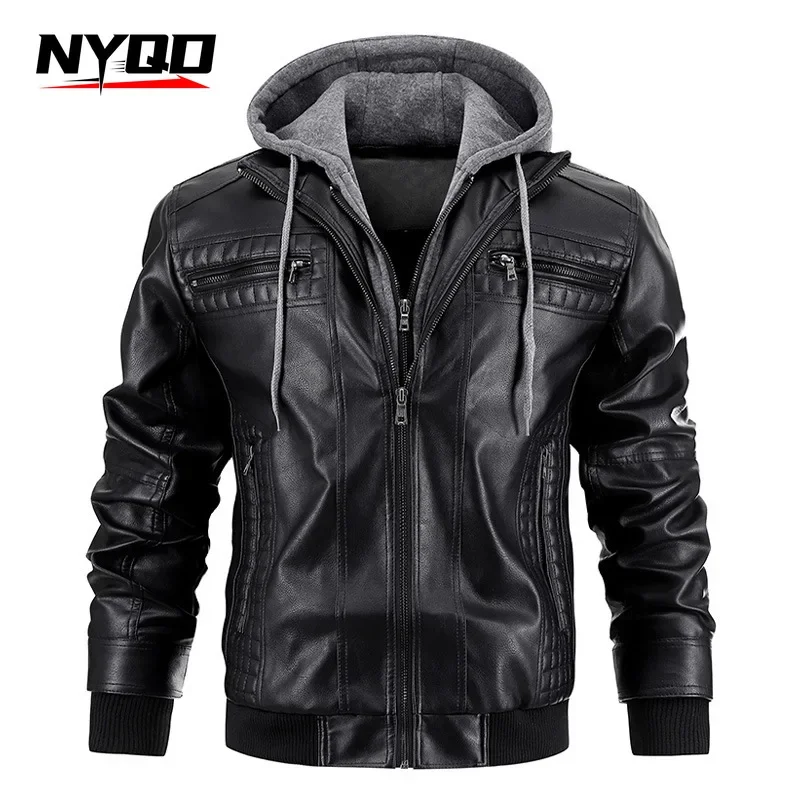 Motorcycle Electric Bicycle Hooded PU Leather Jacket Leather Men's Winter New Warm Jacket  מעיל אופנוע  Motorradjacken 오토바이 재킷