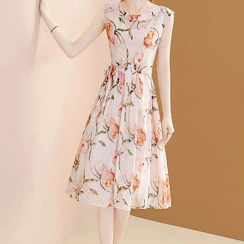 EVNISI Summer Women Pink Floral Printing Chiffon Dress O-Neck Sleeveless Office A-Line Dresses Lace Up Elegant Slim Vestidos