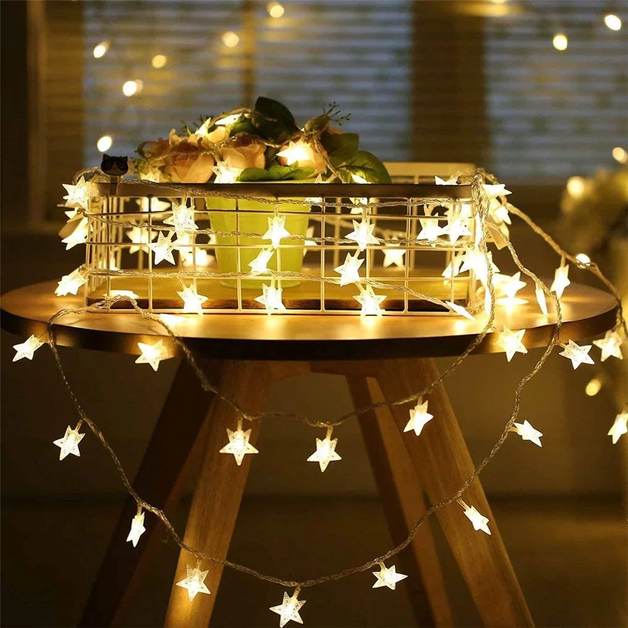 LED Christmas Garland Star String Lights Battery/USB Powered  20/40/80led Fairy Lights for Xmas Party Wedding Home Indoor Decor