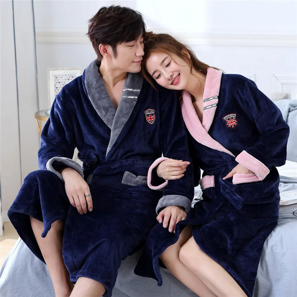 Plus Size Kimono Bathrobe Gown New Winter Couple Flannel Robe Thickened Warm Sleepwear Loose Coral Fleece Homewear Loungewear