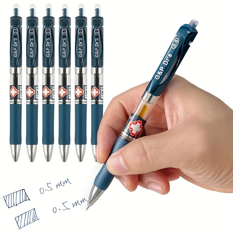 6Pcs 0.5mm Bullet Head Simple Press Type Doctor's Prescription Gel Pen Dark Blue Ink Hospital Signature Pens Stationery Supply