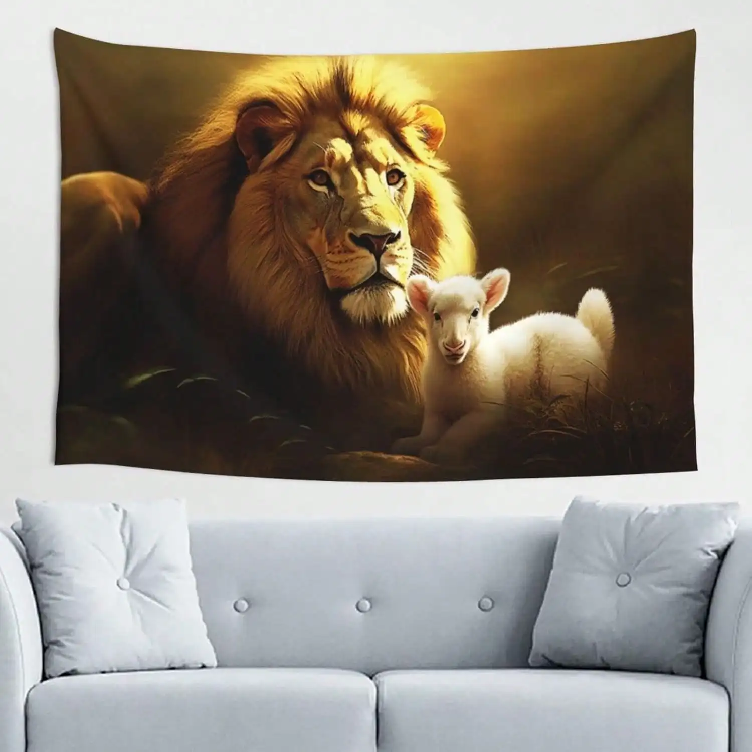 Majestic Lion and Lamb Tapestry, Spiritual Wildlife Wall Hanging, Golden Light Animal Art Decor for Living Room Bedroom Study