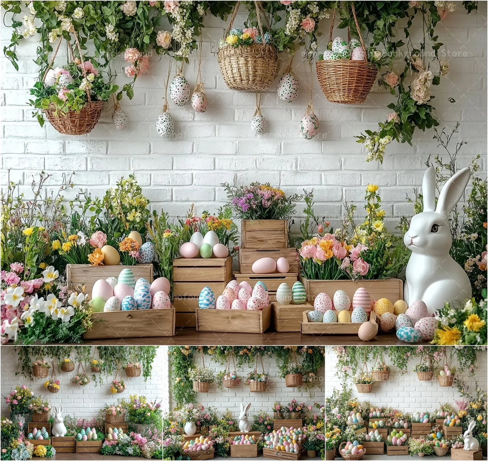 Mehofond Photography Background Spring Easter Colorful Egg Rabbit Flower Basket Wooden Box Kids Family Portrait Backdrop Decor
