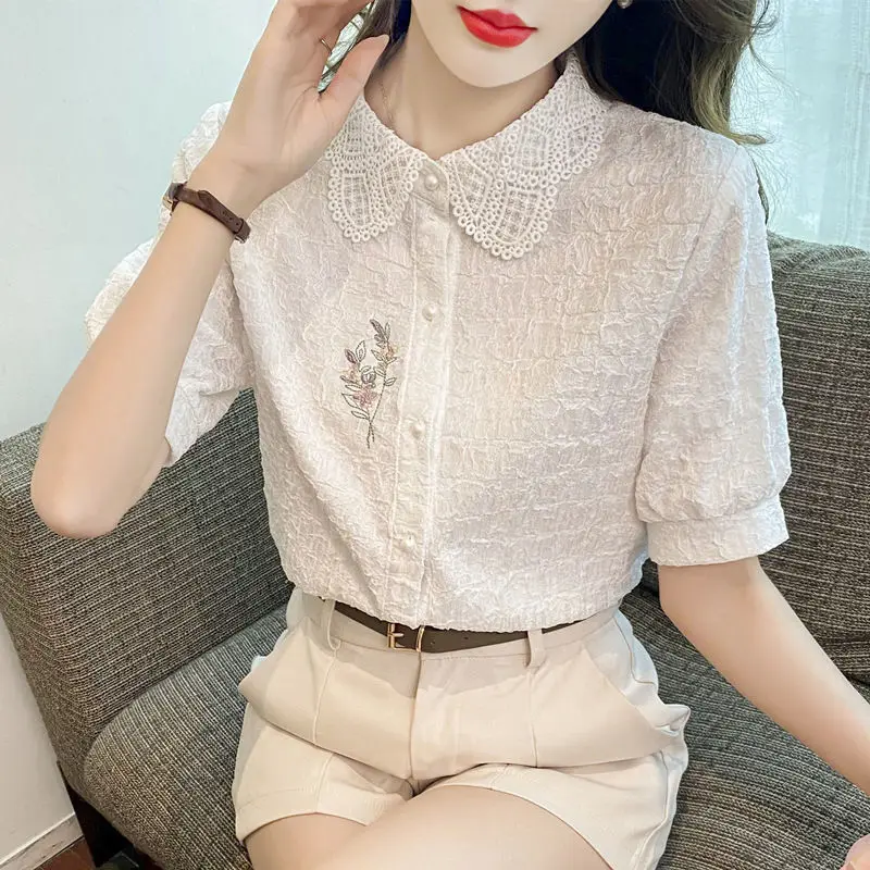 Fashion Solid Color Embroidered Blouse Womne New Classic Summer Short Sleeve Peter Pan Collar Single-breasted Lady Shirt 2023