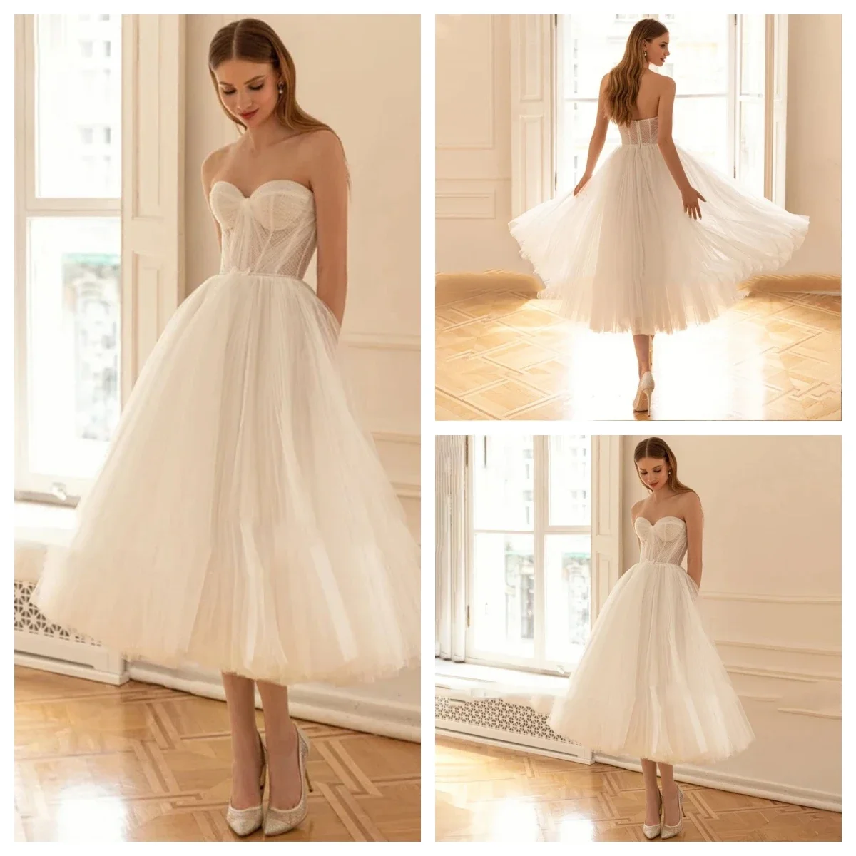 

Simple fashion strapless sleeveless A-line Wedding dress Sexy backless strapless short elegant tulle Princess Bride Dress 2024