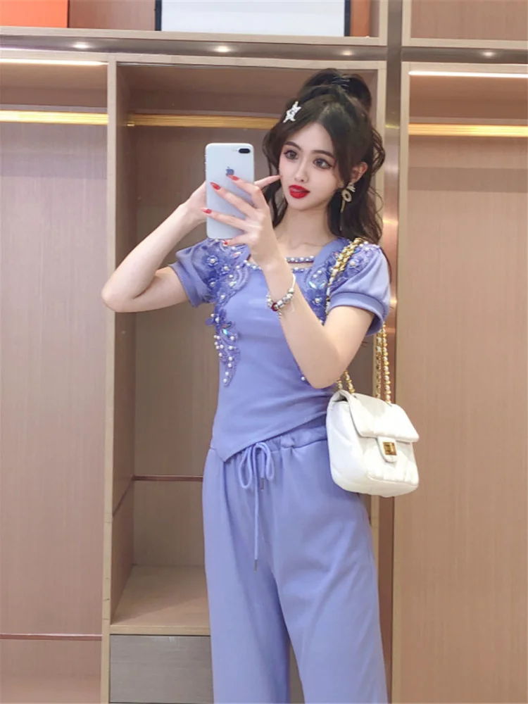 Trousers Woman Top and Purple Pant Sets for Women 2 Pieces Flowers Holiday Outfits Summer 2024 Korea Stylish Korean Style Bottom