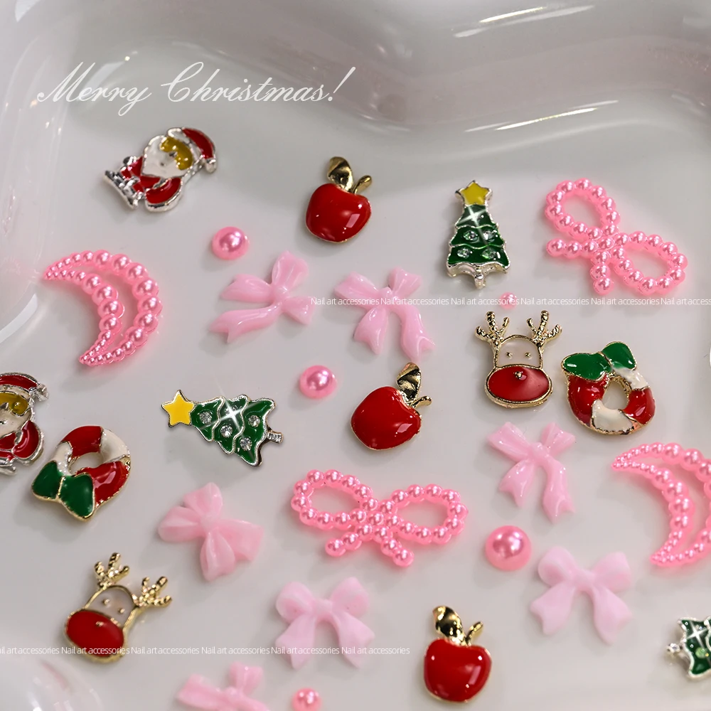 12 griglie glitter 3D ciondoli per unghie in lega di Natale e fiocchi di farfalla rosa in resina set di decorazioni fai da te carino y2k forniture per unghie natalizie