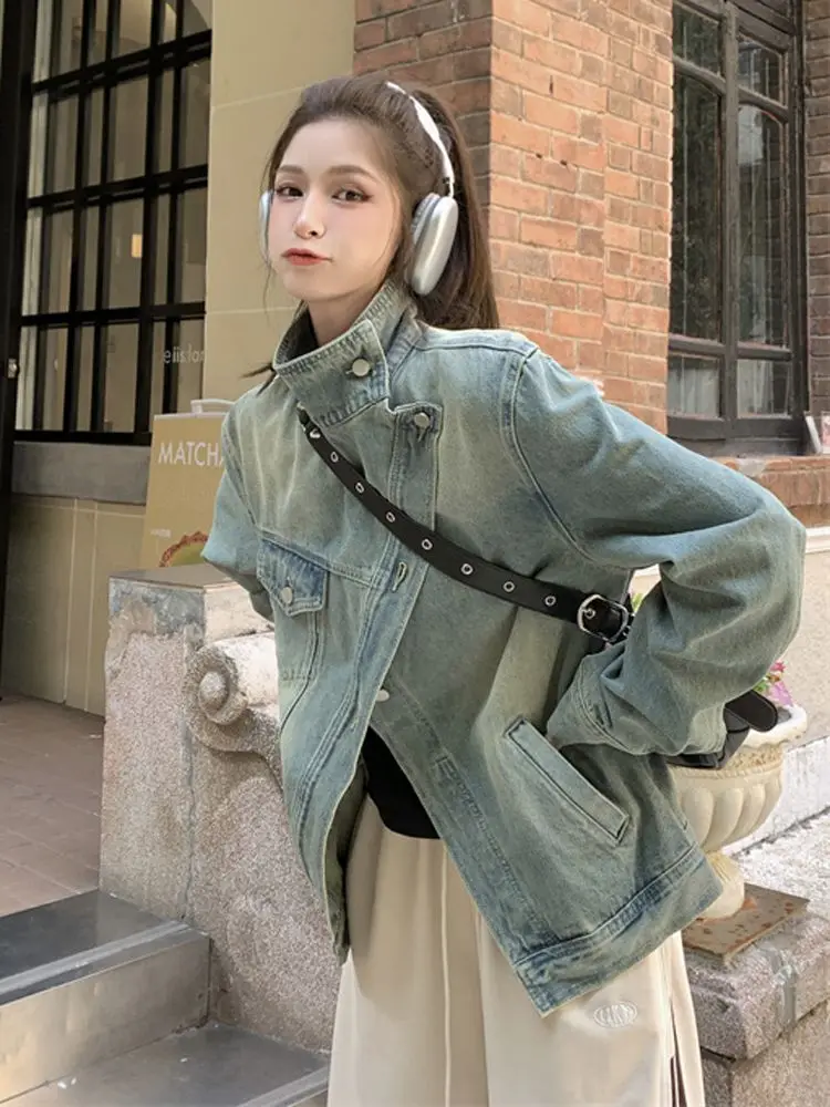 

HOUZHOU Vintage Denim Jacket Women Korean Fashion Spring Autumn Oversized Cropped Jean New Jackets Y2k Streetwear Outdoor Coats