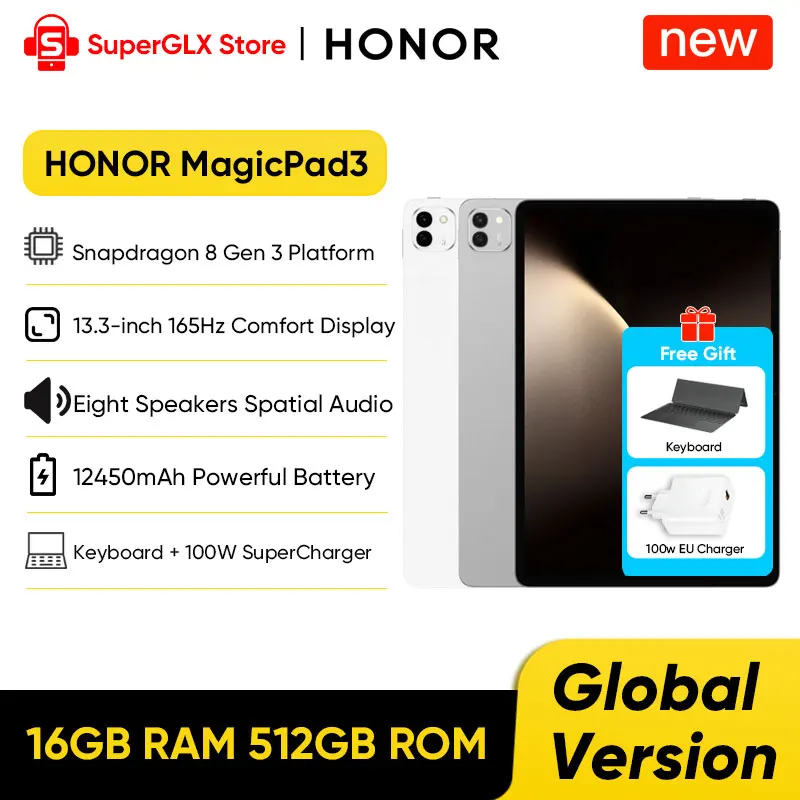 Global Version HONOR MagicPad 3 Tablet Android 2025 Snapdragon 8 Gen 3 13.3'' IPS LCD 165Hz Screen 12450mAh 100W Supercharge