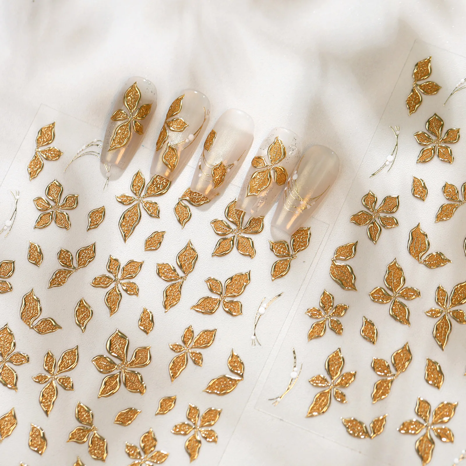 5D Golden Leaf Floral Nail Stickers Five‑Petal Flower Gold Streamer Ribbon Lines Autumn Fall Leaves French Vintage Nail Decals