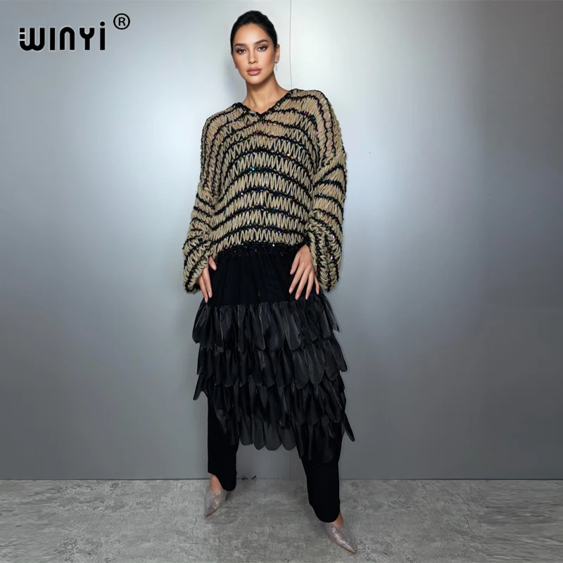 

WINYI winter Knitted Winter openwork sequined lace dress cloak maxi kaftan robe African Women outwears women abaya dubai luxury