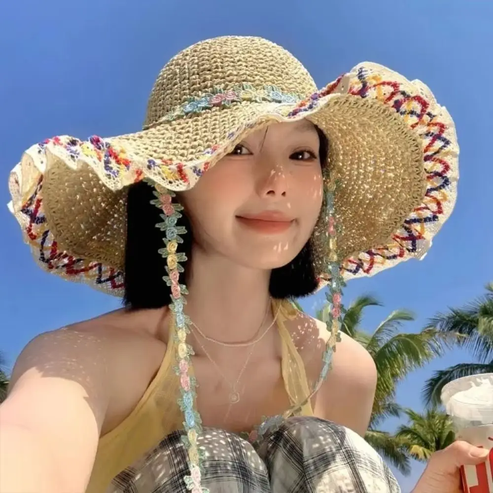 

Elegant Woman's Straw Hat Breathable INS Lace Brim Sunshade Cap with Flower Decors Rope UV Protection Outdoor Beach Hat