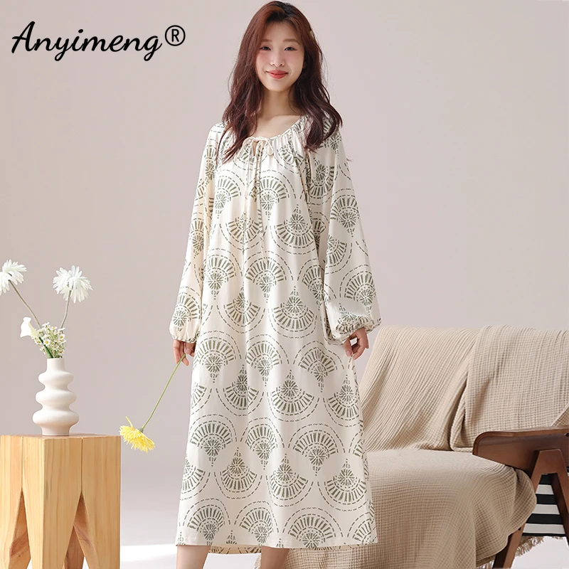 Spring Elegant Women Nightgowns Vintage Court Style Lady Dress Autumn Faux Cotton Nightdress Leisure Gorgeous Long Sleepshirt