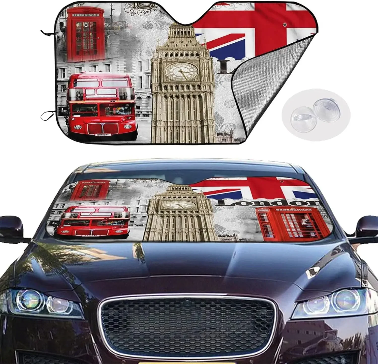 British Flag London Pattern Sun Shade Front Window Sunshade for Most Sedans SUV Blocks Max Uv Rays and Keep Your Vehicle Cool