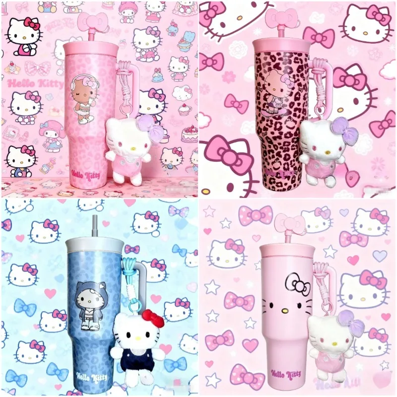 

1200ml Sanrio Hello Kitty Leopard Print 316 Stainless Steel Straw Cup Retro Cute Cartoon KT Car Vacuum Insulated Cup Gifts