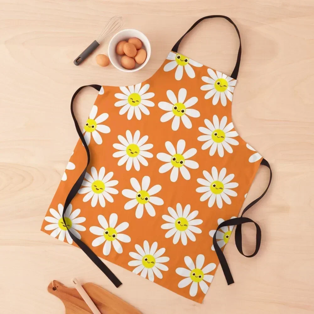 

Retro Orange Happy Face Daisies Seamless Pattern Apron New year's Kitchen Man For Cooking Women's Dresses Apron
