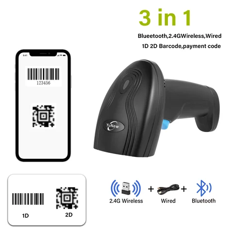 Portable Handheld 2.4G 1D 2D Barcode Scanner with LCD Screen, Bluetooth Wireless Reader for Express Delivery Warehouse Supermark