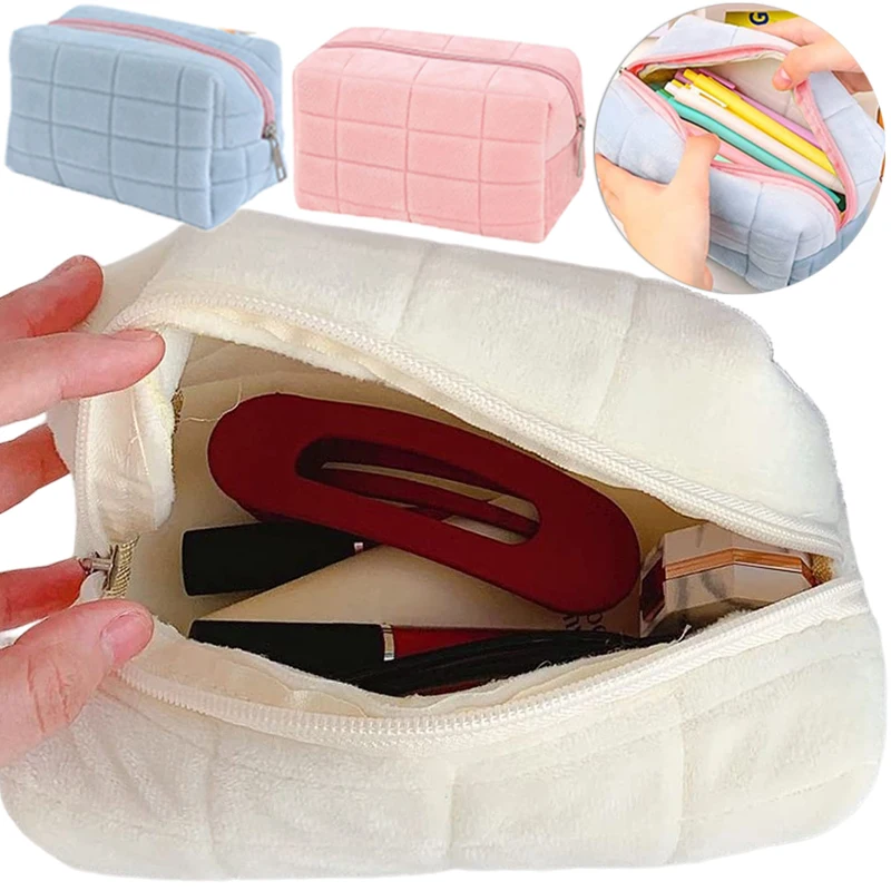 Bolsa de maquillaje de piel suave para mujer, neceser grande con cremallera, de Color sólido, de viaje, de aseo, de felpa