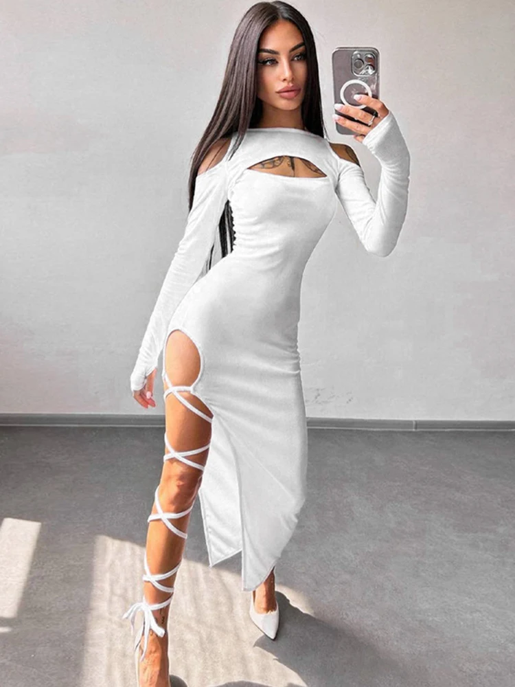 CNYISHE wydrążone seksowne klubowe sukienki damskie z długim rękawem moda Streetwear Slim scath Bodycon szaty zwykłe damskie