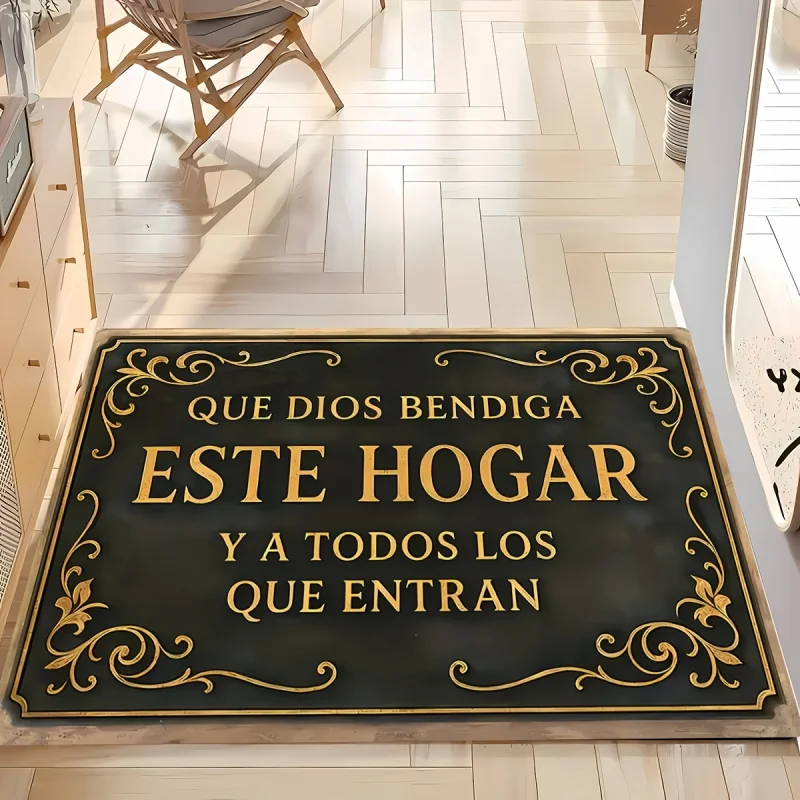 VIKAMA Tapis de bienvenue espagnol, tapis vintage antidérapant et lavable, tapis de sol imprimé « Que Dios Bendiga Este Hogar » pour entrée