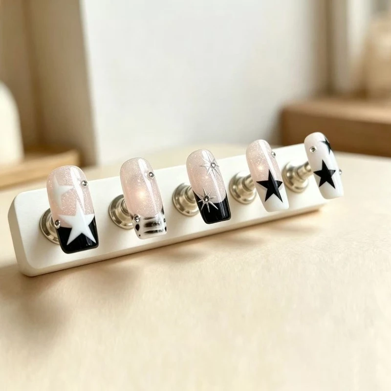 24PCS Shiny Nude Cat Eye Medium Square False Nails with Glue Black White Star Texture French Press on Nails Full Cover Wearable