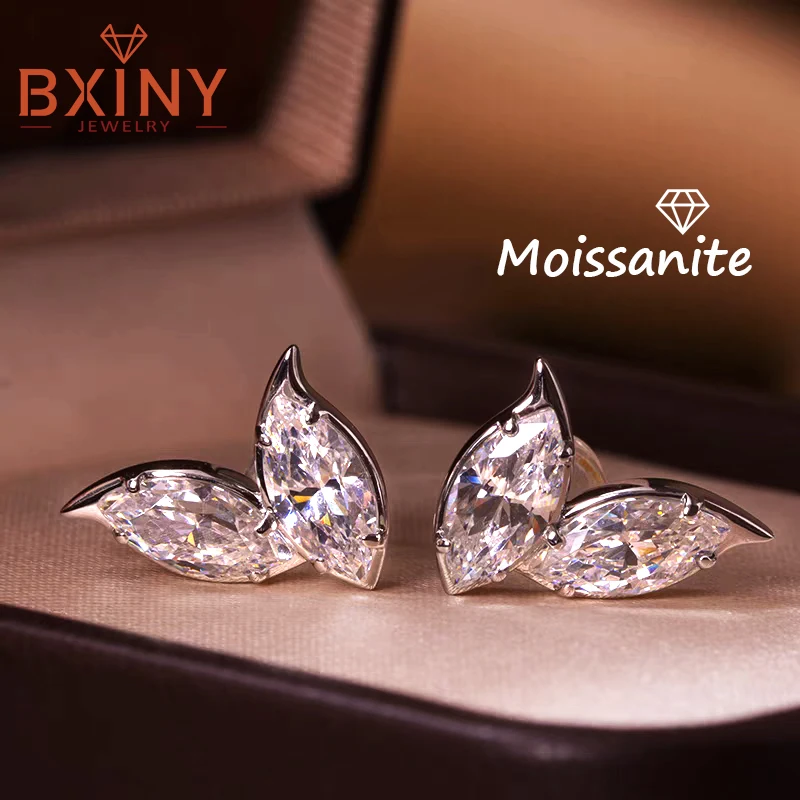 

BXINY Double Leaf Moissanite Stud Earrings 100% S925 Silver Marquise Cut Diamomds Ear Studs for Women Wedding Gifts Fine Jewelry