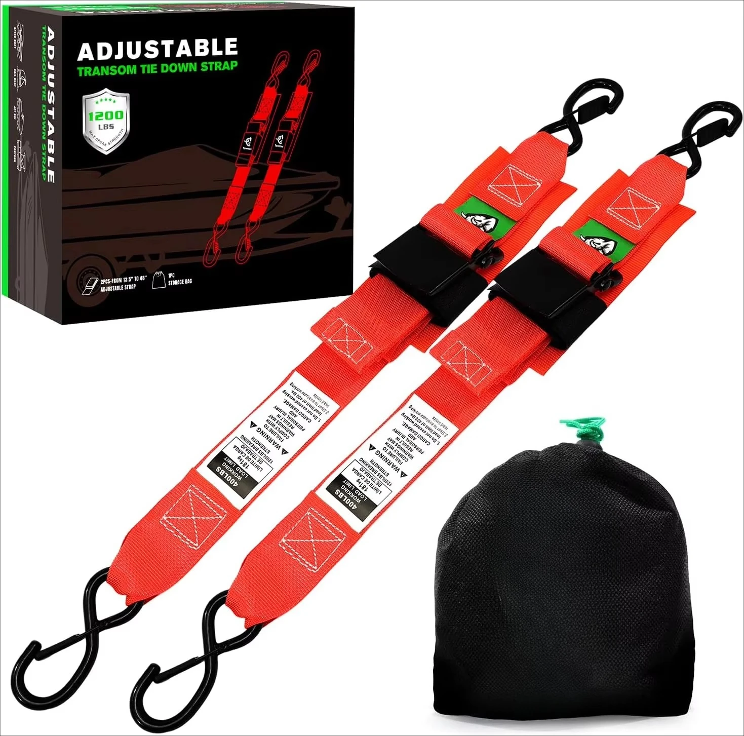 Boat Tie Down Straps, 2 Pack Adjustable Polyester Ratchet Straps for Trailer & Marine Cargo