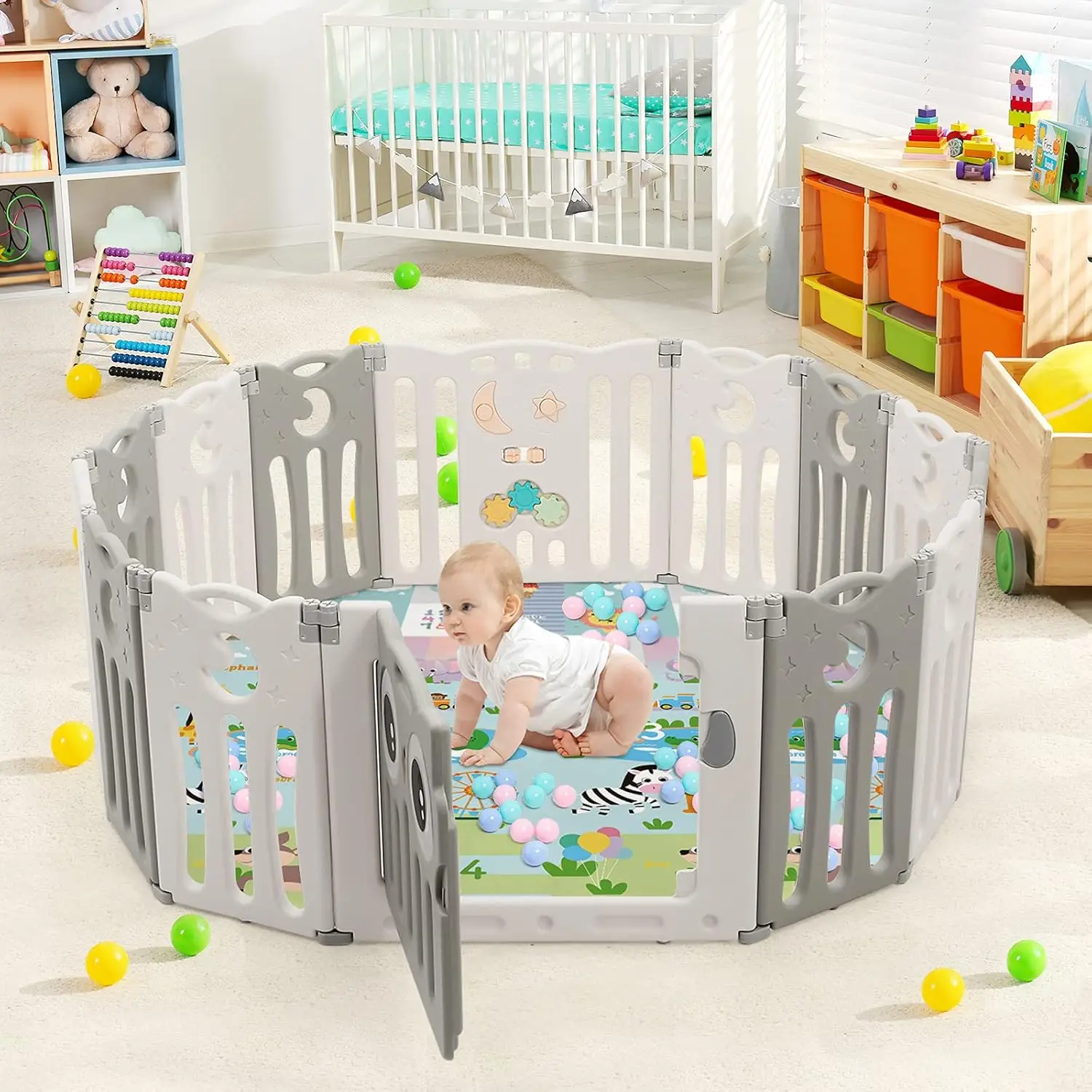 Cour de jeu pour bébé, centre d'activité pour parc pour bébé de Style hibou à 14/16 panneaux pour les tout-petits, base antidérapante et porte verrouillable