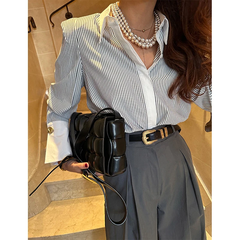 MEXZT camicie eleganti a righe donna coreano Patchwork camicette a maniche lunghe Office Ladies Fashion Black Pink Casual All Match Tops