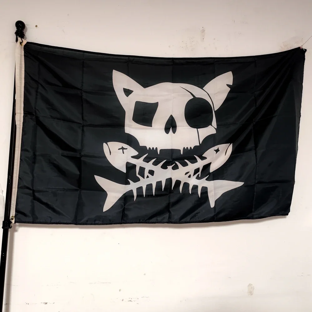 Cat Skull Crossbone Flag Outdoor Decoration 90x150cm Polyester Flying Banner