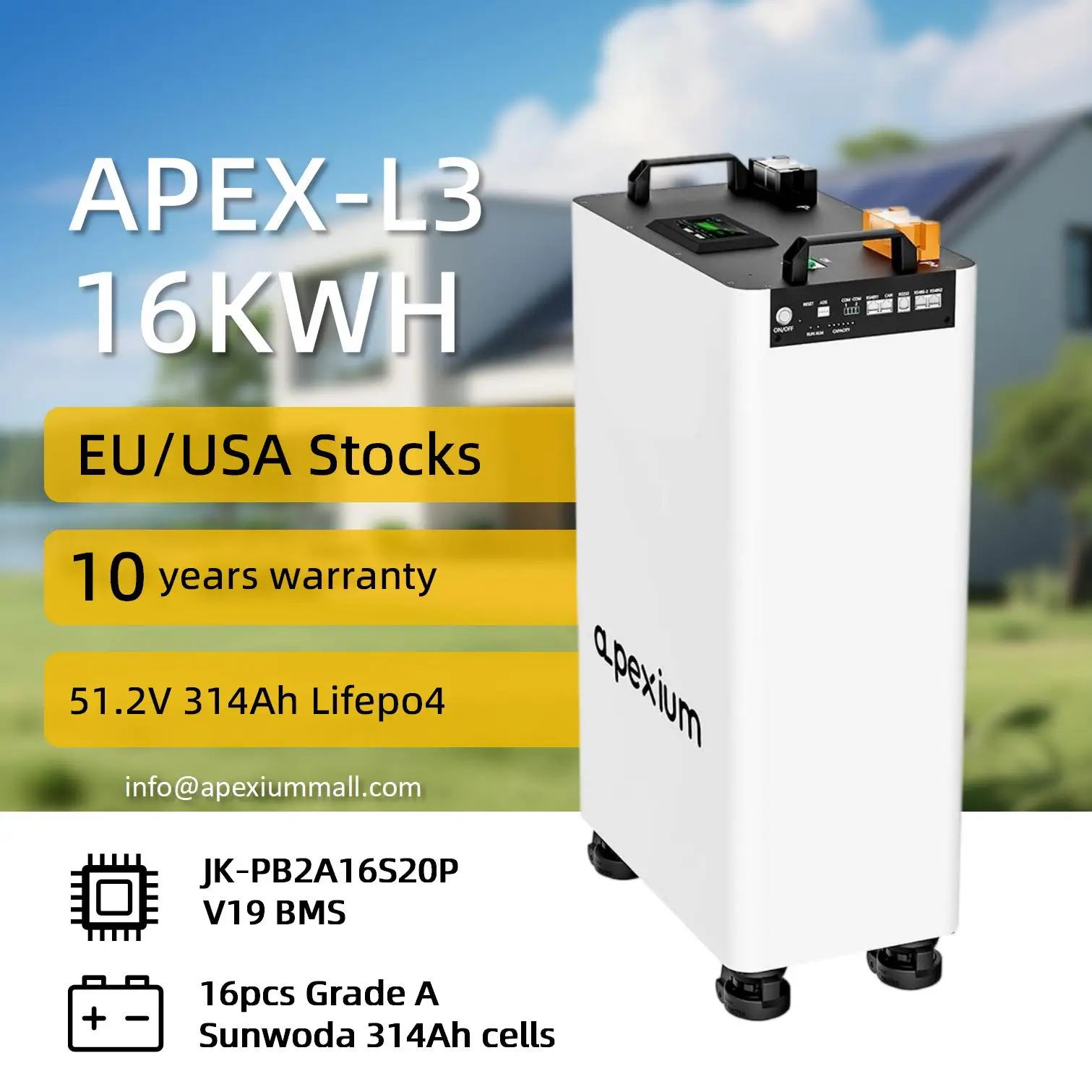 For Apexium L3 2025 New Stock 51.2V 300Ah 15KWh 8000 Cycles Standing Lithium Ion Lifepo4 Battery Pack USA Stock