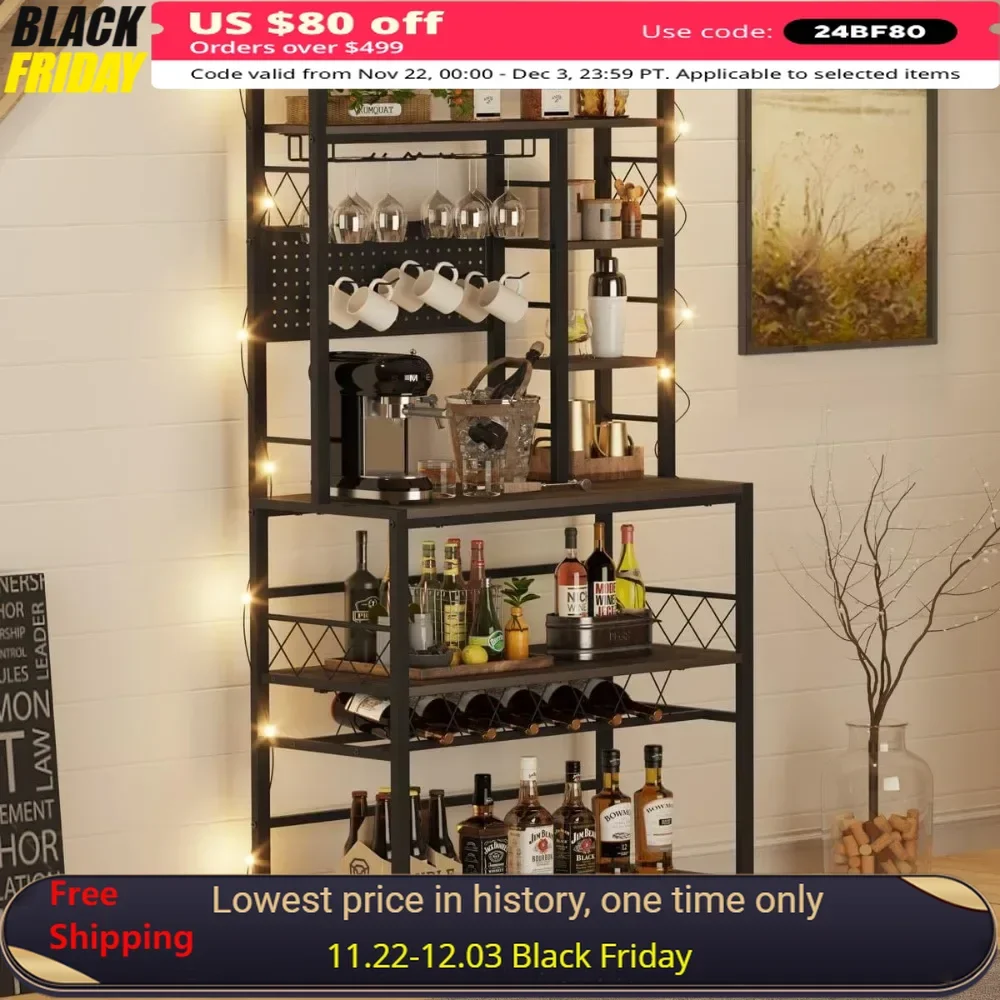 Wine Rack Freestanding Floor, Liquor Bar Cabinet with Storage, Coffee Bar Table with Glass Holder，Bakers Stand