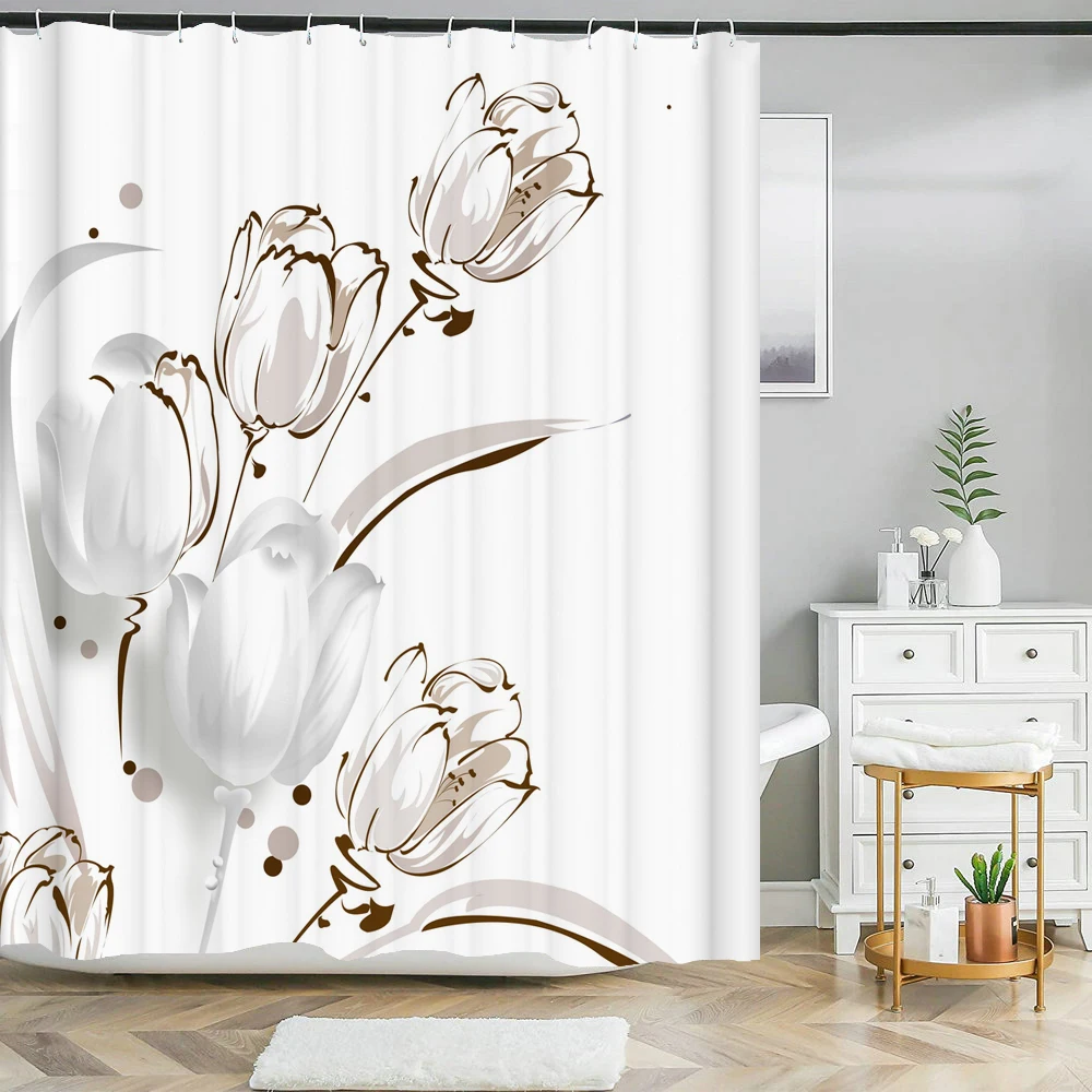 White Flower Printed Fabric Shower Curtains Bathroom Curtain Set Flower Anti-skid Rugs Carpet Toilet Lid Cover Bath Mat Sets