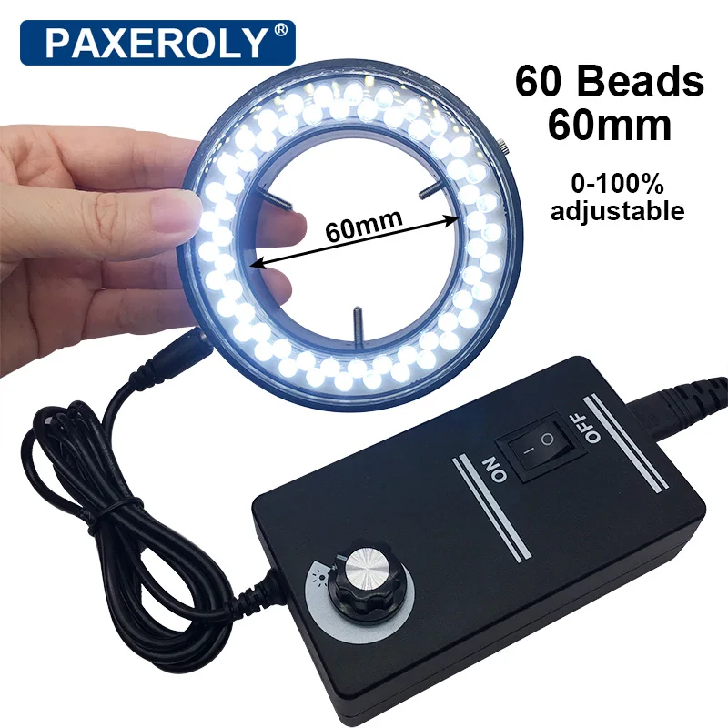 60mm 60 LED Beads Ring Light for Microscope 0-100% Brightness Adjustable Beads Focusing Inward Stereo Microscope Ring Light