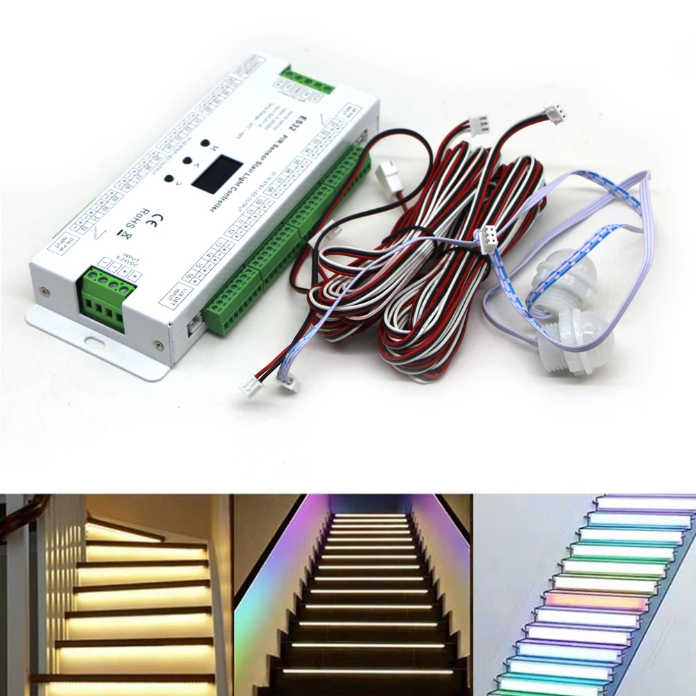 

ES32 Stair Controller PIR Sensor 32CH Single Color 2CH RGB Pixel SPI LED Strip Dimmer Indoor Stairway Light Controller 5V-24V