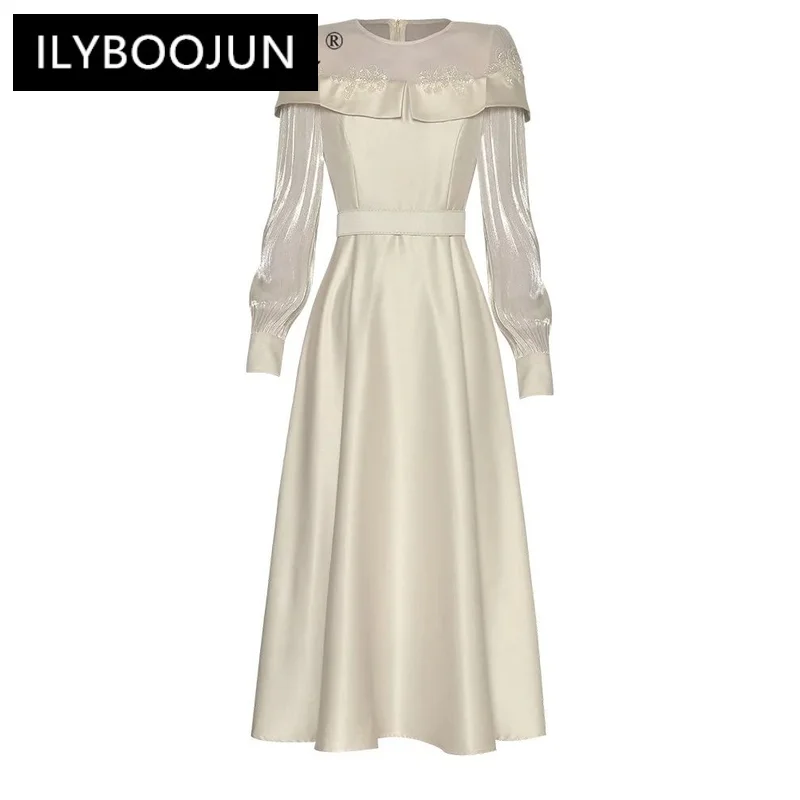 

ILYBOOJUN 2024 Fashion Runway Summer Dress Women Mesh O Neck Flowers Beading Lantern Sleeve Solid Color Princess Midi Dress