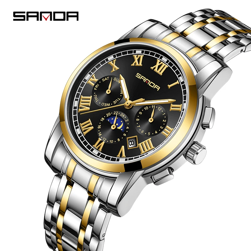 

Men's Watch with Three Eyes Six Needles Multifunctional Fully Automatic Mechanical 2024 SANDA New Selling Steel Band Calendar