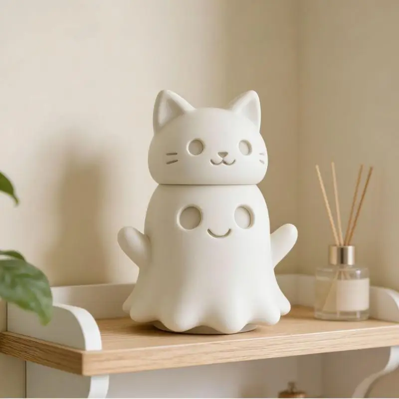 3D Printed Ghost Cat Model – Halloween Sculpture, Desktop Decoration Gift, Minimalist Decor For Room And Office