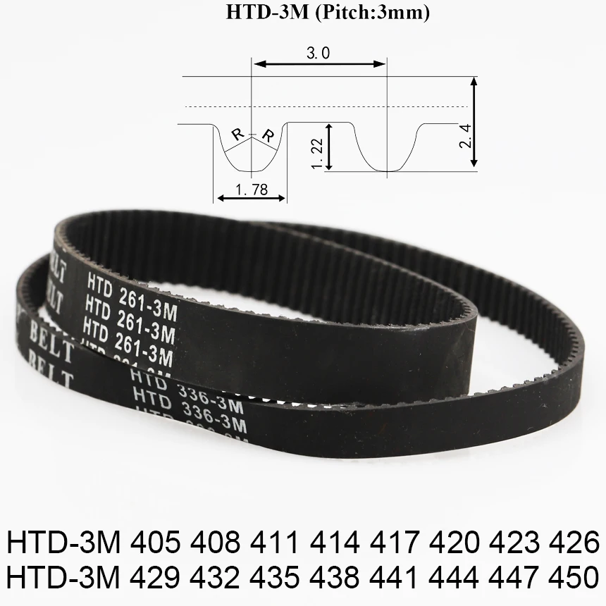 HTD-3M 3M 405 408 411 414 417 420 423 426 429 432 435 438 441 444 447 450 Rubber Cogged Curved ARC Teeth Synchronous Timing Belt
