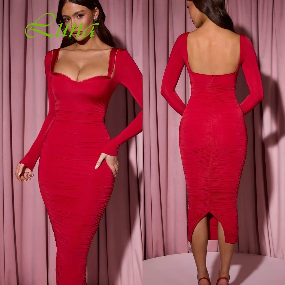 

Customized Classic Square Collar Long Sleeves Evening Dresses Temperament Burgundy Party Dresses Delicate Homecoming Gowns