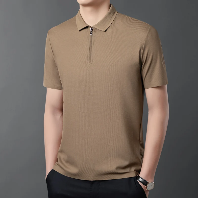 

New Summer Waffle Style Seamless Ice Silk Quick Drying Breathable Lapel T-Shirt Men'S Casual Versatile High-Quality Base Shirt