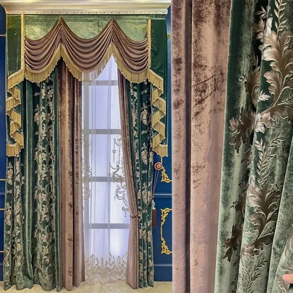 Cortinas doradas de terciopelo con costuras bordadas, color verde oliva, marrón Chocolate, para sala de estar, dormitorio, ventana francesa, Villa personalizada